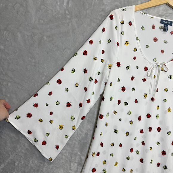 Modcloth Swarming Lady Bug Dress Womens Large White Bell Sleeve Semi Sheer Boho - Picture 3 of 10